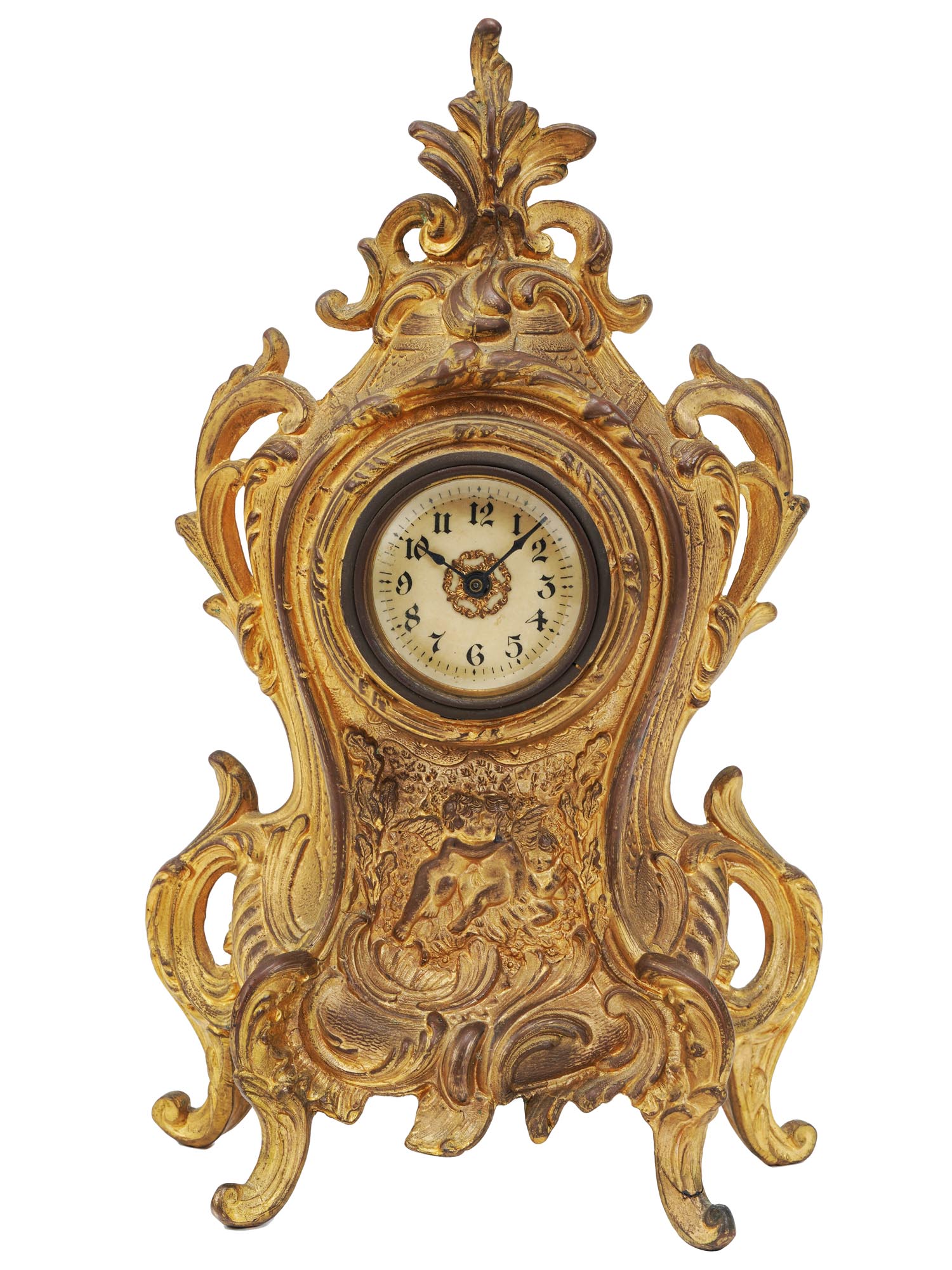 ANTIQUE EUROPEAN ROCOCO GILT BRONZE MANTEL CLOCK PIC-0